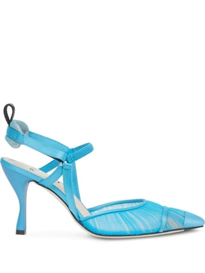 Fendi Grey Tulle And Satin High-heeled Slingbacks In Bleu Clair