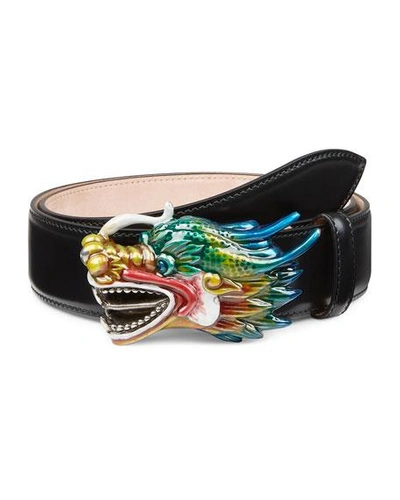 Gucci 40mm Enameled Dragon Leather Belt In Black