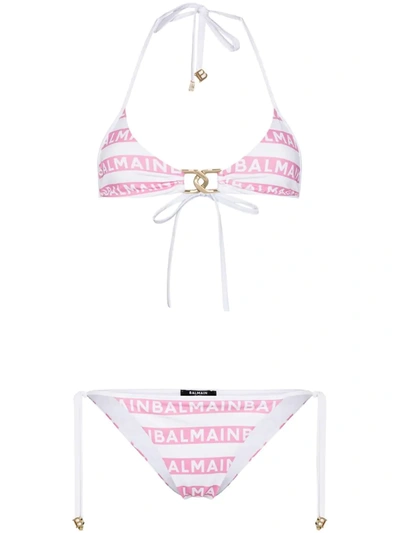 Balmain Pink Logo Stripe Triangle Bikini