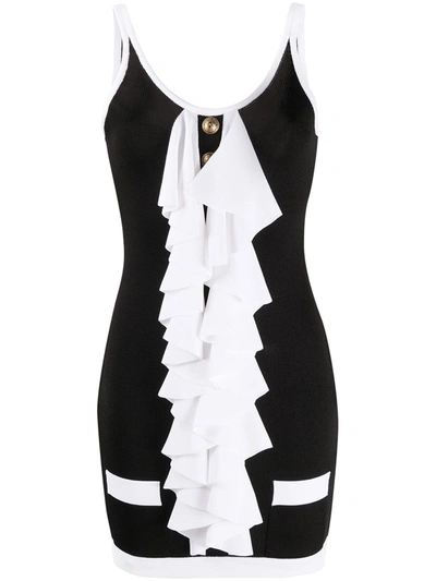 Balmain Monochrome Ruffle-trimmed Knitted Mini Dress In Black