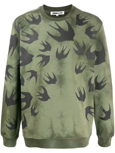 Mcq By Alexander Mcqueen Army Green Swallow-print Cotton Sweatshirt