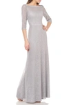 Js Collections Metallic Lace A-line Gown In Silver