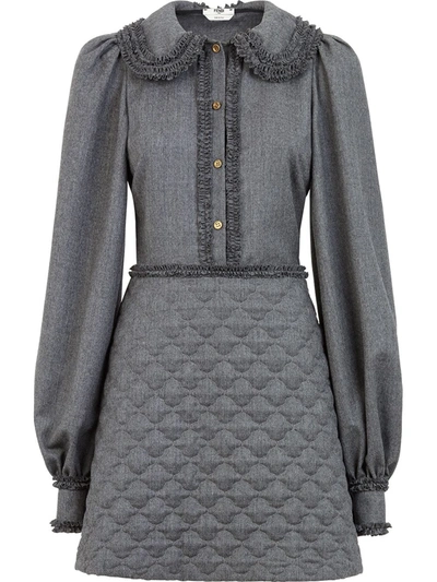 Fendi Ruffled Peter Pan Collar Lightweight Flannel Shirtdress In Grey