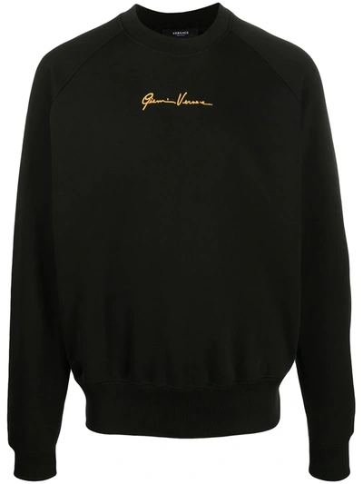 Versace Black Cotton Sweatshirt With Gv Signature Embroidery