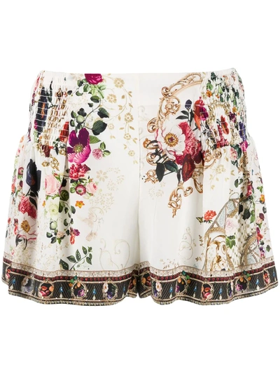 Camilla Floral Flared Silk Shorts In Neutrals