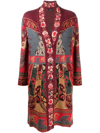 Etro Floral Paisley Metallic Long Cardigan In Maroon