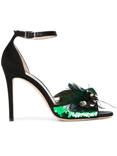 Jimmy Choo Annie 100 Suede And Feather Heeled Sandals In Black/blue Mix