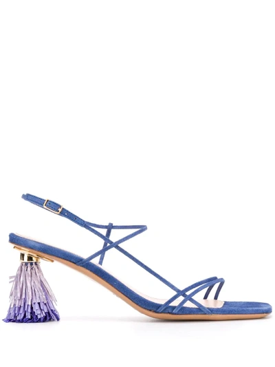 Jacquemus Raphia Embellished Strappy Suede Sandals In Blue