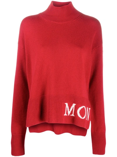 Moncler Logo Intarsia Roll Neck Jumper In Red