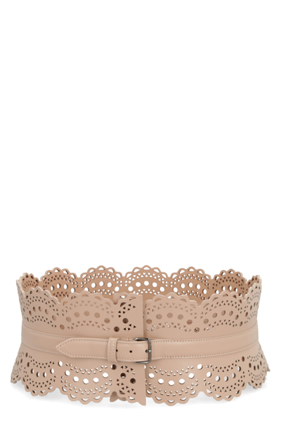 Alaïa Openwork Wide Leather Vienne Corset Belt In Pink