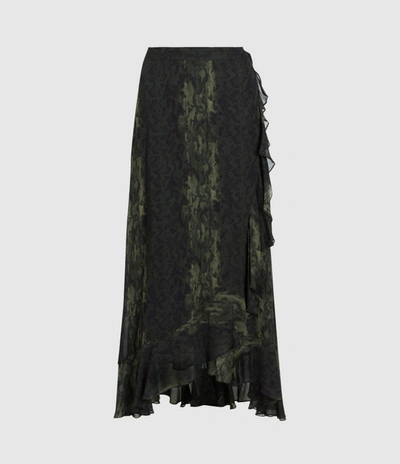 Allsaints Cosmo Masala Printed Wrap Skirt In Forest Green
