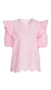 English Factory Ruffled Puff Sleeve Eyelet Top In Light Pink