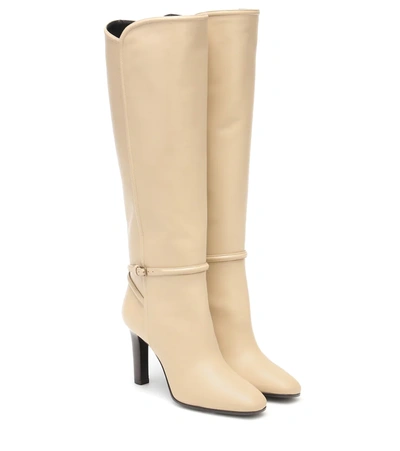 Saint Laurent Blu 90mm Leather Buckle Knee Boots In Ivory