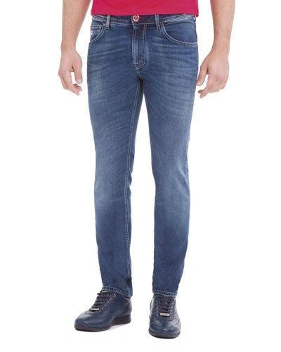 Stefano Ricci Contrast-stitch Skinny Denim Jeans, Light Wash Blue/red