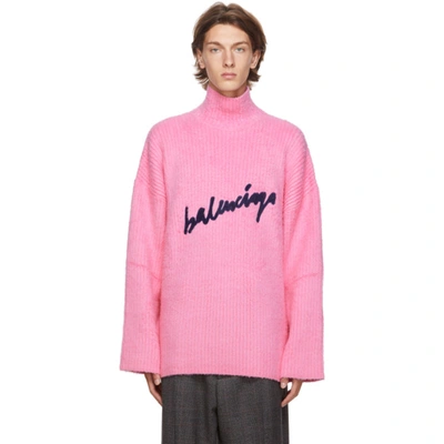 Balenciaga Scribble Embroidered Logo Knitted Jumper In Pink & Purple