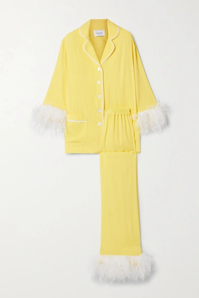 SLEEPER PARTY FEATHER-TRIMMED CREPE DE CHINE PAJAMA SET 