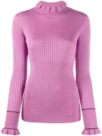 Victoria Victoria Beckham Ruffled Metallic Ribbed-knit Sweater In Lilac
