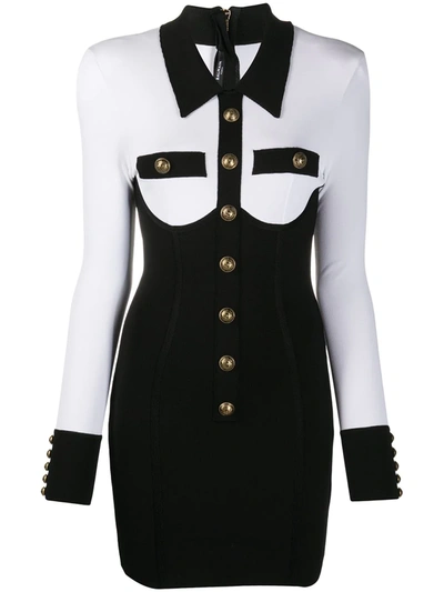 Balmain Button-embellished Two-tone Stretch-knit Mini Dress In Black