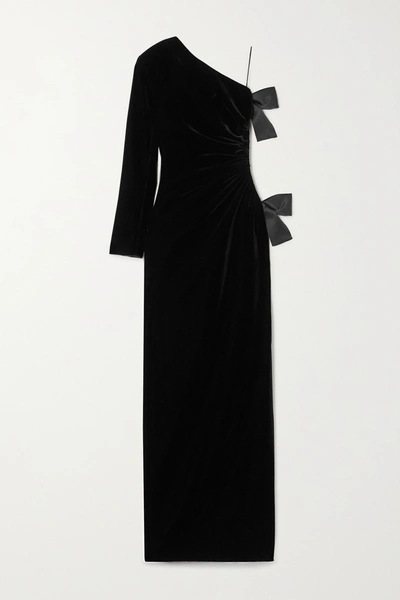 Saint Laurent One-sleeve Bow-embellished Cutout Velvet Gown In Black