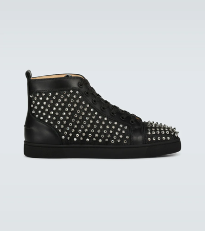 Christian Louboutin Louis Spike-embellished High-top Leather Trainers In Black/black Silver Hem
