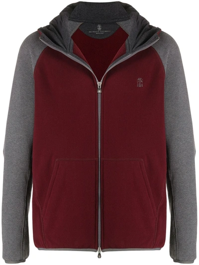 Brunello Cucinelli Colour-block Fleece-back Stretch-cotton Jersey Zip-up Hoodie In Red