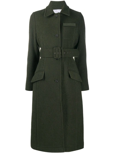 Pushbutton Belted Midi Coat In Green