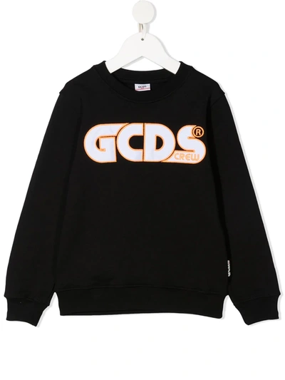 Gcds Teen Embroidered Logo Cotton Sweatshirt In Nero