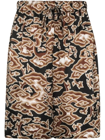 Edward Crutchley Cloud Print Silk Bermuda Shorts In Brown