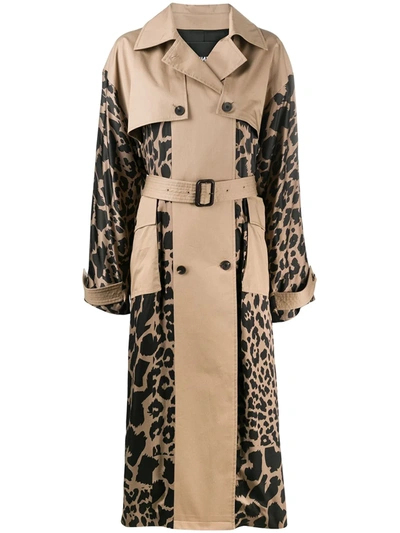 Frenken Leopard Print Panels Trench Coat In Brown