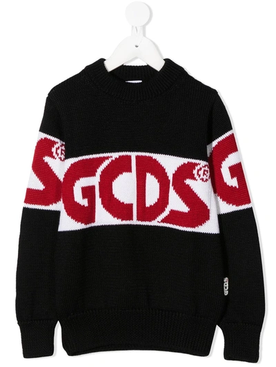 Gcds Kids' Intarsia Knit Wool Blend Sweater In Black