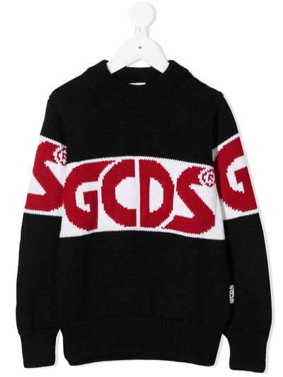 Gcds Kids' Intarsia Knit Wool Blend Jumper In Black