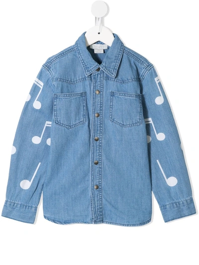 Stella Mccartney Kids' Music Notes Print Stretch Denim Shirt In Blue