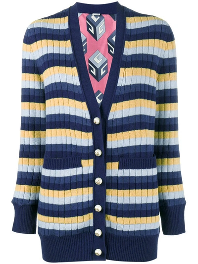 Gucci Reversible Striped Wool And Printed Silk Cardigan In Blue