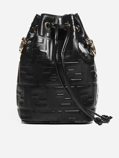 Fendi Mon Tresor Mini Ff Logo Leather Bucket Bag In Nero + Oro Soft