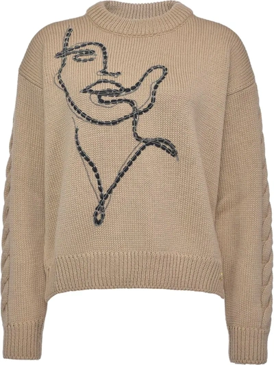 Pinko Embroidered Face Wool Jumper In Neutrals