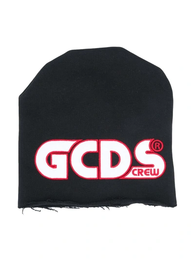 Gcds Kids' Logo Print Cotton Beanie Hat In Black