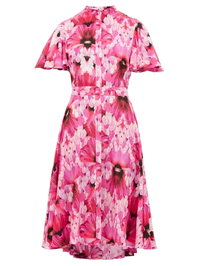 Alexander Mcqueen Floral Crepe De Chine Fluttered Cap-sleeve Midi Dress In Orchid Pink