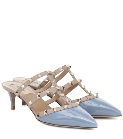 Valentino Garavani Rockstud Patent Leather Mules In Blue