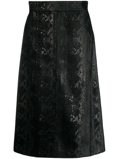 Saint Laurent Snake-effect High-rise Velvet Midi Skirt In Noir Brillant