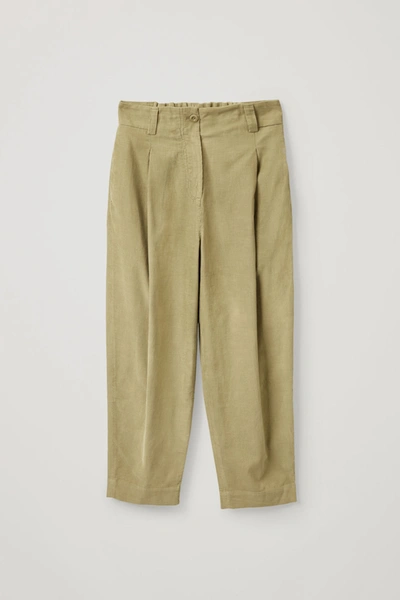 Cos Cotton Wide-leg Pleated Cord Trousers In Green