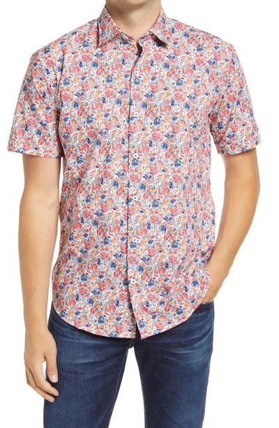 Bugatchi Shaped Fit Print Short Sleeve Button-up Shirt In Cerise