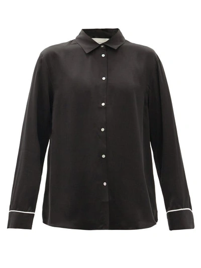 Asceno London Black Piped Silk Pyjama Shirt