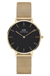 Daniel Wellington Petite Evergold Mesh Strap Watch, 28mm In Black/gold