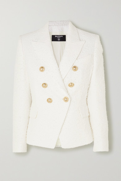 Balmain Double-breasted Bouclé-tweed Blazer In White | ModeSens