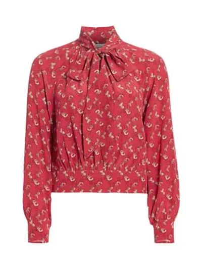 Coach Horse And Carriage Print Tie Neck Blouse In Red - Size 04 In Red/pink