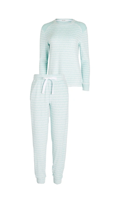 Emerson Road Fuzzy Luxe Crew Jogger Pajama Set In Status Stripe Eggshell Blue