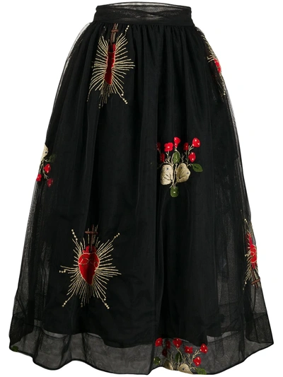 Simone Rocha Embroidered Floral Midi Skirt In Black