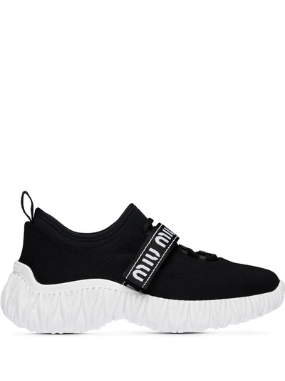 Miu Miu Stretch Knit Logo Strap Sneaker In Nero