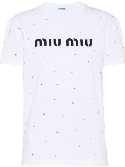 Miu Miu T-shirt With Crystals And Logo In White