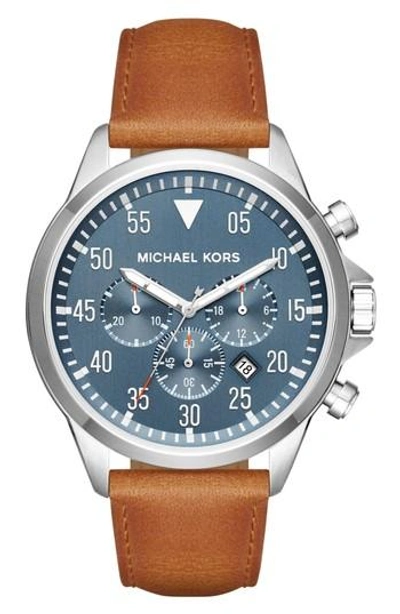 Michael Michael Kors 'gage' Chronograph Leather Strap Watch, 45mm In Brown/ Blue/ Silver